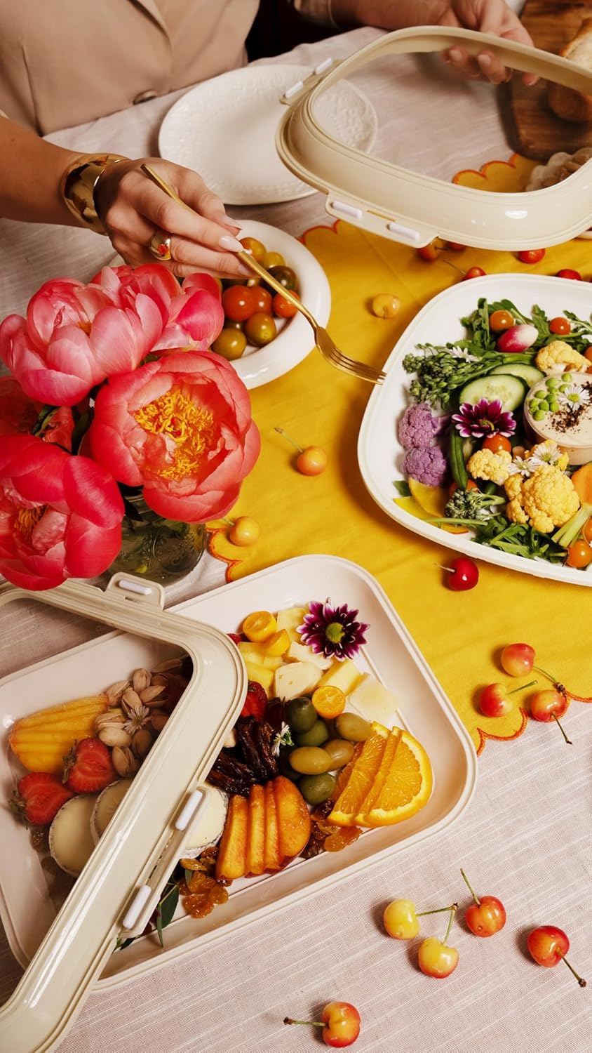 Crudités | Portable Snack Tray | Rectangle 2-Pack | Cream White | Reversible Stretch Lid Food Containers | BPA-Free, Freezer & Dishwasher Safe | Meal-Prep, Charcuterie, Salads, Picnic, Travel