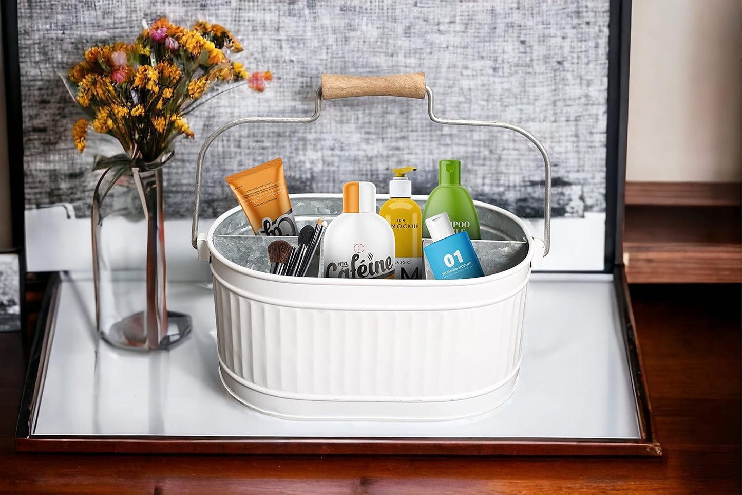 CLEENTABLE Farmhouse Galvanized Metal Utensil Caddy – 4-Compartment Silverware Organizer with Removable Handle for Countertop, Picnic & Party Use (10"x6.5"x5.5", Grey)