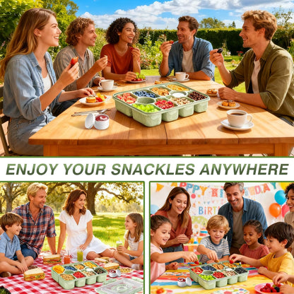 Snackle Box Container - Dishwasher Safe Divided Serving Tray with Lid and Handle for Fruits, Charcuterie, Nuts and Candy, Snack Containers Perfect for Travel Party Picnic, 2 Pack Green