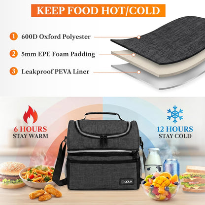 opux Insulated Lunch Bag for Men Women, Double Decker Leakproof Lunch Box Cooler Tote with Shoulder Strap, Large Lunchbox for Work School Travel Meal Prep, Adults Kids Boys Girls, Green, 16 Cans