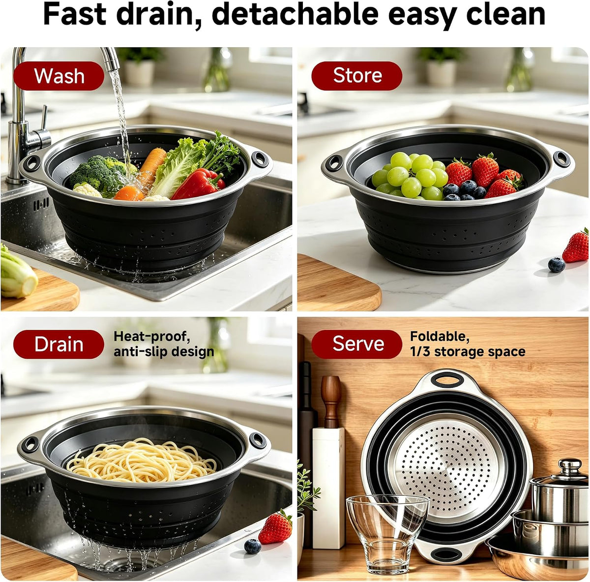 Mejoncb Collapsible Colander – Platinum Silicone Strainer with Stainless Steel Base, BPA-Free & Heat Resistant Kitchen Drain Basket (Gery)