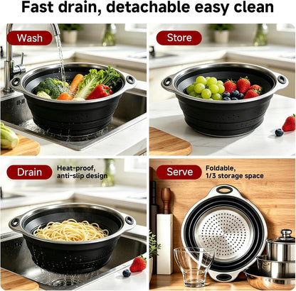 Mejoncb Collapsible Colander – Platinum Silicone Strainer with Stainless Steel Base, BPA-Free & Heat Resistant Kitchen Drain Basket (Gery)