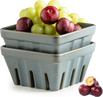 Gomakren Berry Bowls with Holes Ceramic, Berry Washing Bowl Basket Set of 2, 5.8 Inch Round Fruit Bowl Storage Containers, Strawberry Baskets, Farmhouse Kitchen Decor, Yellow + Brown