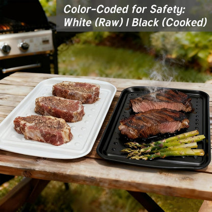 17 Inch Grilling Prep & Serve Trays with Non-Slip Base, Extra Thick,Warp-Resistant BBQ Platter Set for Cooking, Backyard Parties,Camping,Tailgating,Melamine Serving Trays for Food Prep,Red & Black