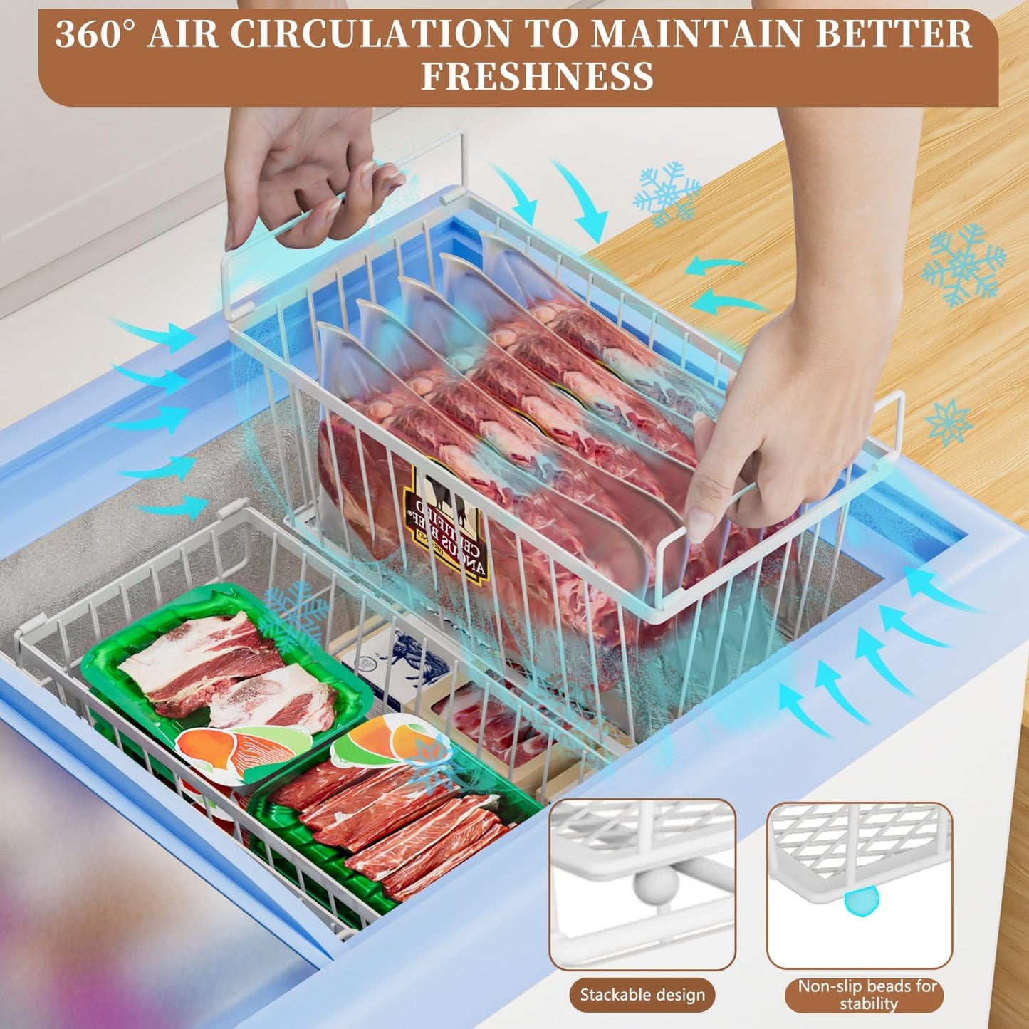 Freezer Organizer Bins, Upgrade Quick Expand/Collapse Feature, for 3.5 Cu.Ft Deep Freezer, 3 Pack Stackable Deep Freezer Organizer Bins, Black Wire Foldable Baskets with Handles (Black 3 Pack)