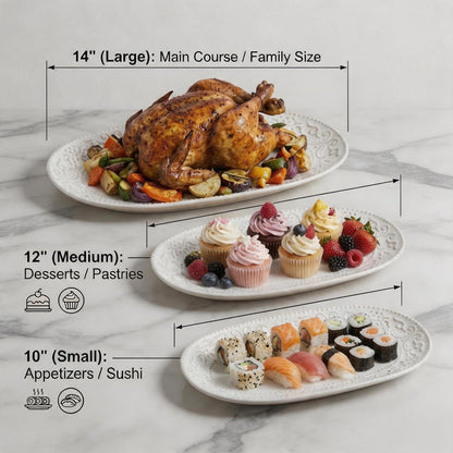 Oval Serving Platter, 14"/12"/10" Ceramic Serving Platters, Embossed White Serving Plates, Stackable Porcelain Tray for Appetizer, Dessert, Pasta, Sushi, Oven Dishwasher Safe, Set of 3, Family Dining