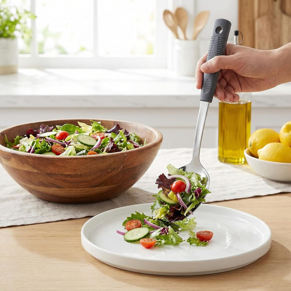 2-Piece Serving Spoons, 11-Inch, Solid & Slotted, Platinum Silicone