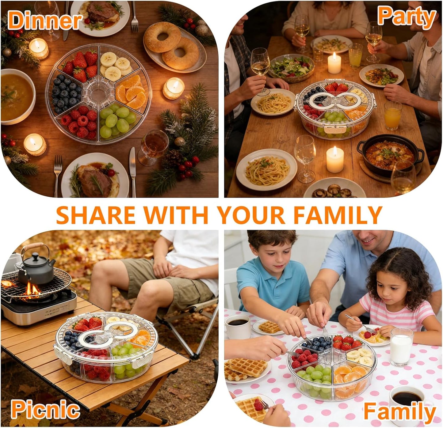 Rotating Divided Serving Tray with Lid & Handle, 6 Compartment Snack Box Container,Portable Snack Organizer for Fruits, Candy, Veggies – Ideal for Kitchen, Party, Travel, Picnic (1 Pack)