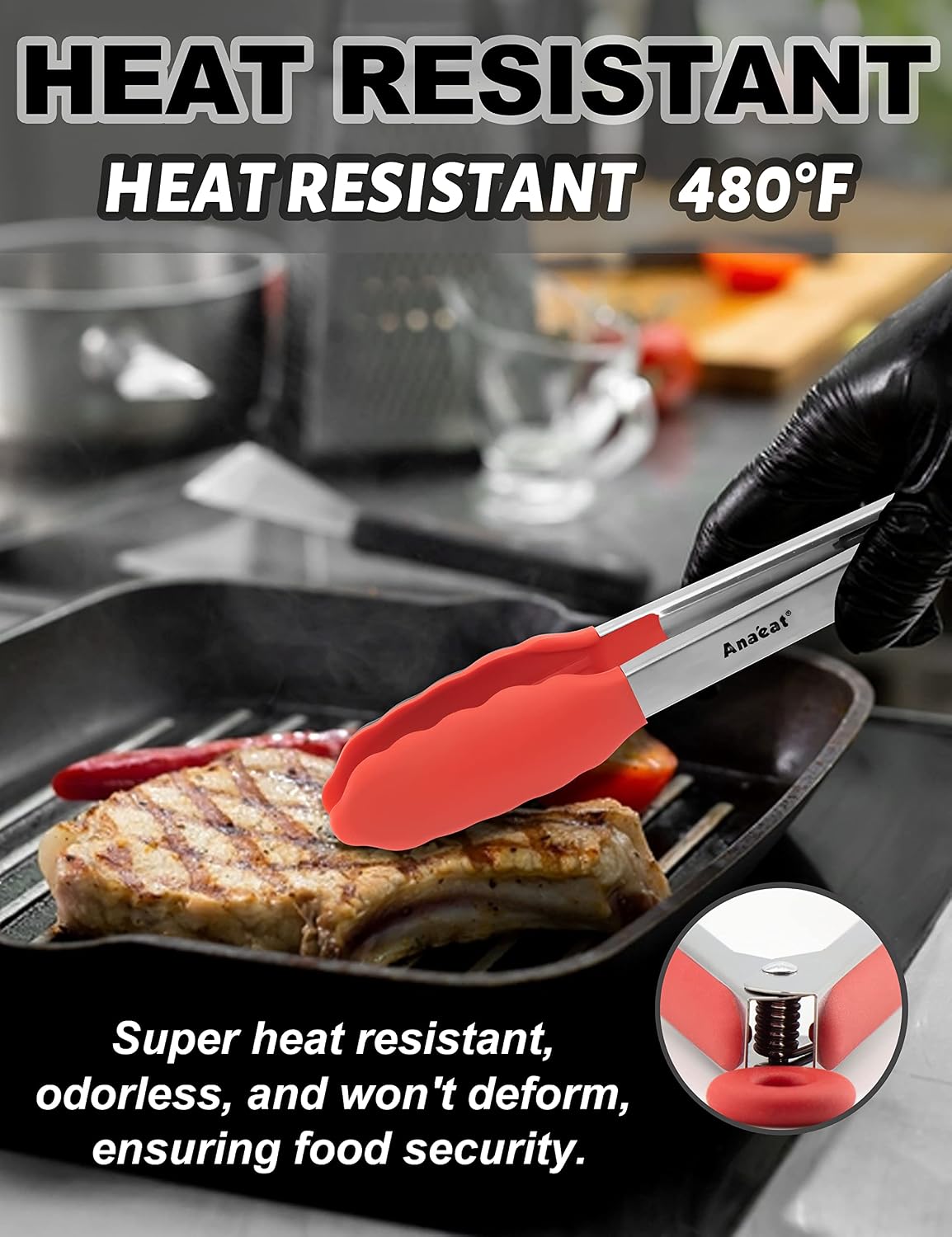 Anaeat Premium Kitchen Locking Tong Set of 3 - Heavy Duty Stainless Steel Food Tongs with Long Handle & Non-Slip Silicone Grip for Cooking, Baking, Grilling - Heat Resistant up to 480°F