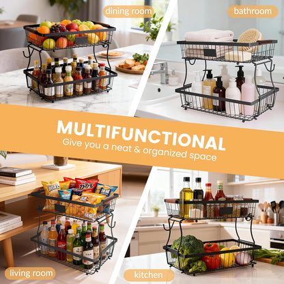 2-Tier Stackable Wire Basket with 2 Banana Hooks, Pantry Organizer for Kitchen Countertops, Cabinets & Under-Sink Spaces; Ideal for Storing Snacks, Fruits, Veggies, Onions, Potatoes, & More,Black