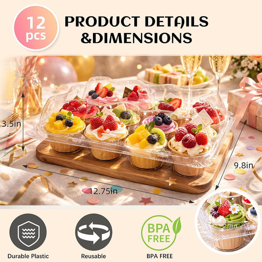 WIKDAY (12 Count x 20 Sets Plastic Cupcake Containers with Liners, Clear Cupcake Holder with Lids, Disposable Cupcake Carrier for Bakery, Cupcake Storage Box for Parties, Bake Sale Packaging