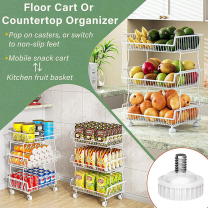 OKZEST 3-Tier Rolling Pantry Floor Organizer and Storage Cart with Wheels, Stackable Wire Pantry Baskets for Pantry Shelves, Kitchen Storage Rack and Fruit Basket Stand for Fruit Snack Onion Potato