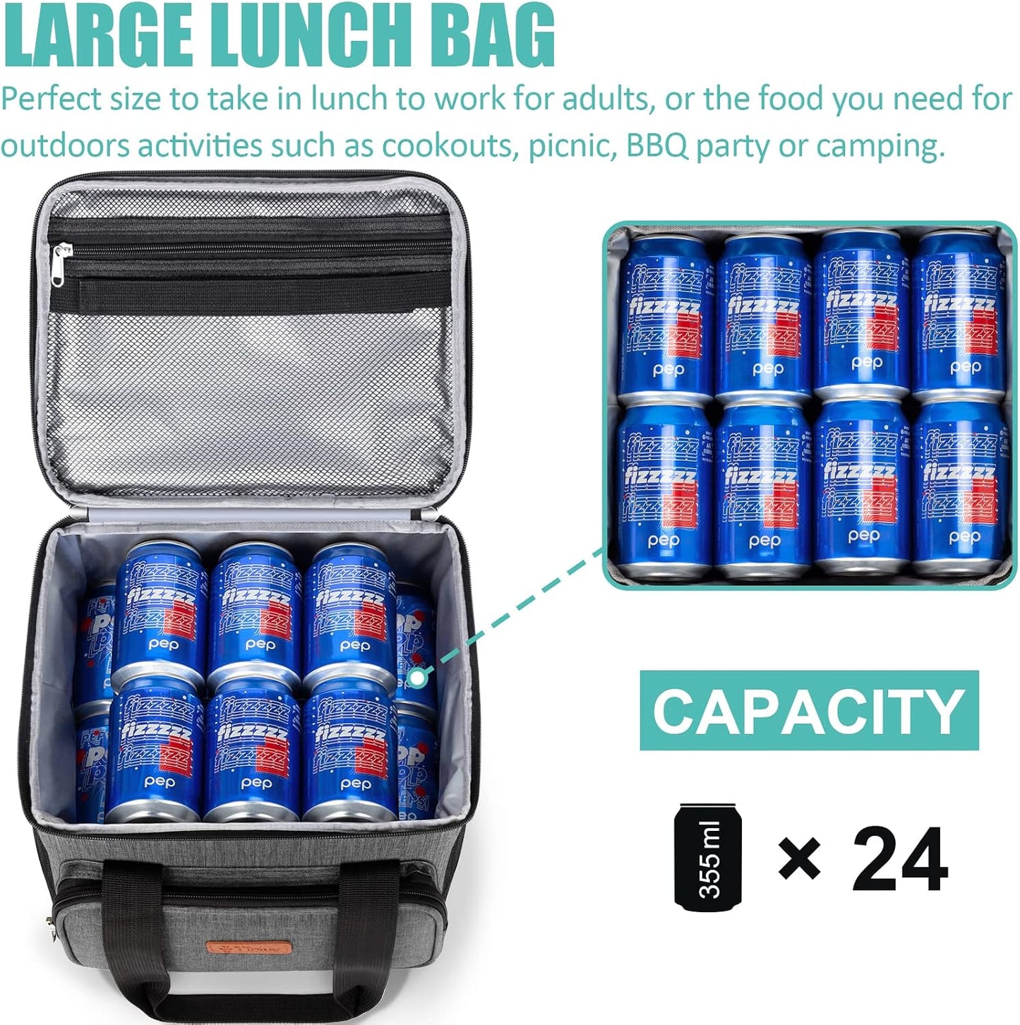 Tiblue Insulated Lunch Bag for Women/Men, Reusable Lunch Box for Office Work School Picnic,Leakproof Freezable Cooler Bag with Adjustable Shoulder Strap for Kid/Adult(Medium, Black & White Stripes)