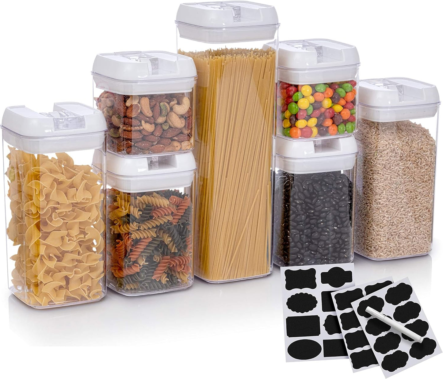 Set of 7 Airtight Food Storage Containers - Pantry Organizer Bins, BPA Free Plastic Containers plus Dry Erase Marker and Labels, White