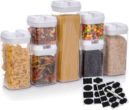 Set of 7 Airtight Food Storage Containers - Pantry Organizer Bins, BPA Free Plastic Containers plus Dry Erase Marker and Labels, White