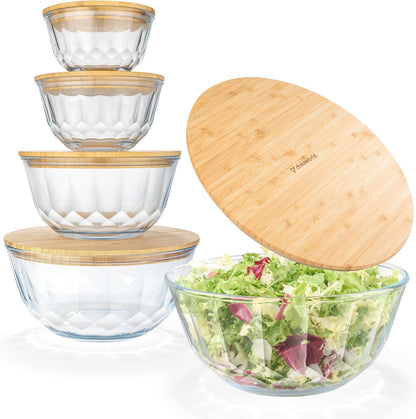 Set of 4 Stackable Space-Saving Nesting Glass Bowls with Airtight Acacia Lids for Lunch, Meal & Food Prep - Microwave & Oven-ready BPA Free Durable Heat Resistant Inert Borosilicate Glass