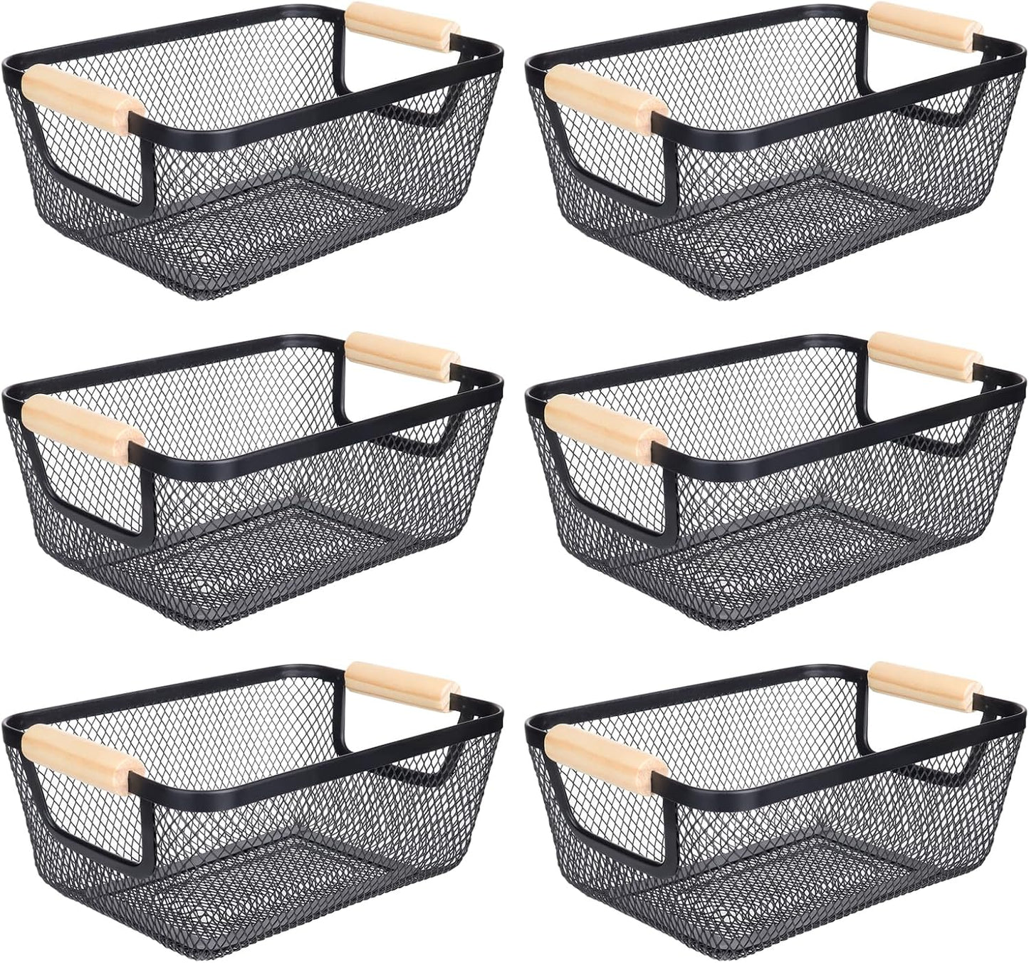 6Pack Black Wire Basket with Wooden Handle, Storage Bins for Pantry, Metal Mesh Basket for Kitchen Organization, Snack Organizer for Home Cabinet Closet Bathroom Fridge Fruit Makeup and Office
