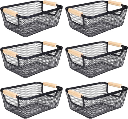 6Pack Black Wire Basket with Wooden Handle, Storage Bins for Pantry, Metal Mesh Basket for Kitchen Organization, Snack Organizer for Home Cabinet Closet Bathroom Fridge Fruit Makeup and Office