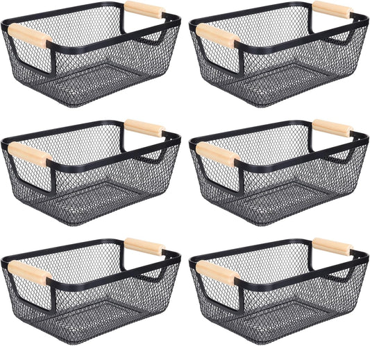 6Pack Black Wire Basket with Wooden Handle, Storage Bins for Pantry, Metal Mesh Basket for Kitchen Organization, Snack Organizer for Home Cabinet Closet Bathroom Fridge Fruit Makeup and Office