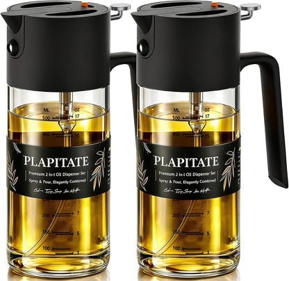PLAPITATE 17oz/500ml Premium Olive Oil Sprayer for Cooking, 2 in 1 Glass Olive Oil Dispenser Bottle for Kitchen Gadgets, Spray Bottle with Portion Control for Salad, Frying, BBQ (Black)
