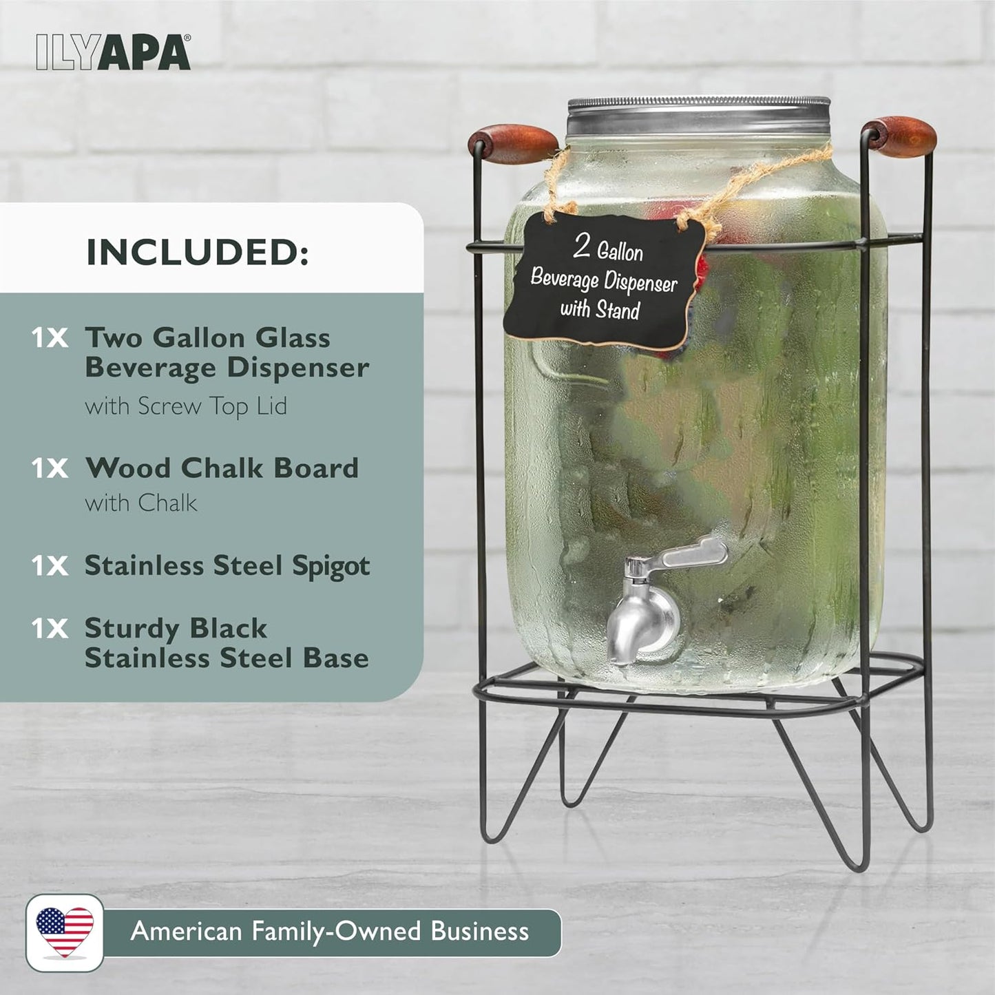 Ilyapa 2 Gallon Glass Beverage Dispenser, Metal Base, Stainless Steel Spigot & Hanging Chalkboard - for Lemonade, Tea, Cold Water & More