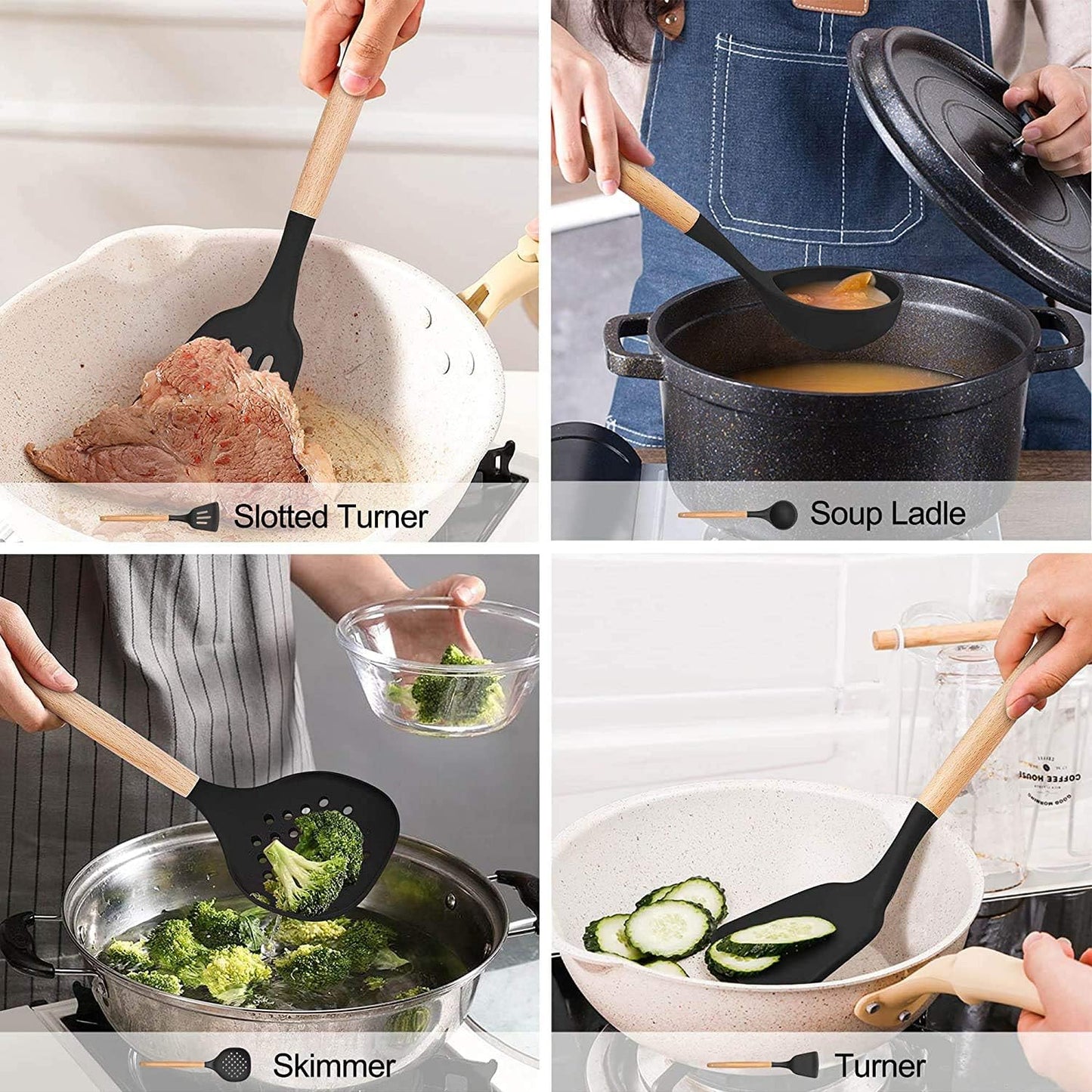 LIANYU 15 PCS Silicone Kitchen Utensils Set with Holder, Cooking Utensils set for Nonstick Cookware, Heat Resistant & Non Toxic Spatula Ladle Tong, White