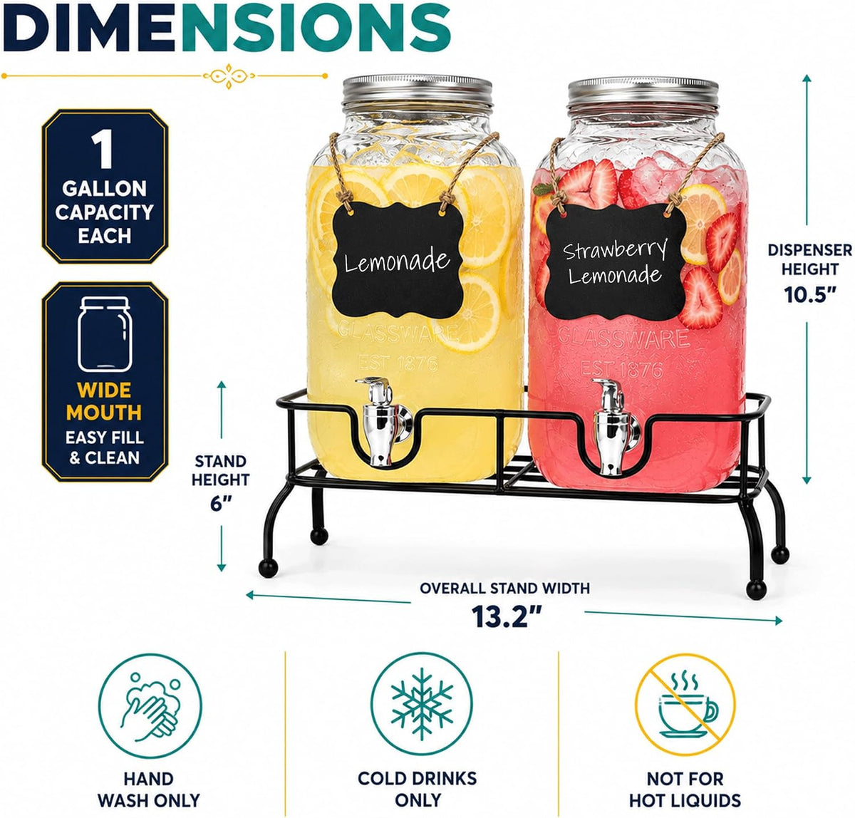 Estilo Gallon Drink Dispenser with Stand - Glass Beverage Dispenser with Stand for Weddings - Sun Tea Jar with Spigot 1 Gallon - Countertop Glass Water Dispenser for Lemonade and Parties