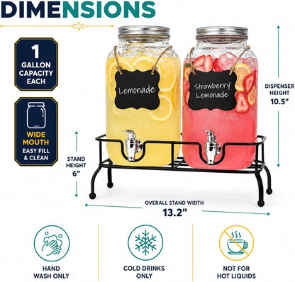 Estilo Gallon Drink Dispenser with Stand - Glass Beverage Dispenser with Stand for Weddings - Sun Tea Jar with Spigot 1 Gallon - Countertop Glass Water Dispenser for Lemonade and Parties