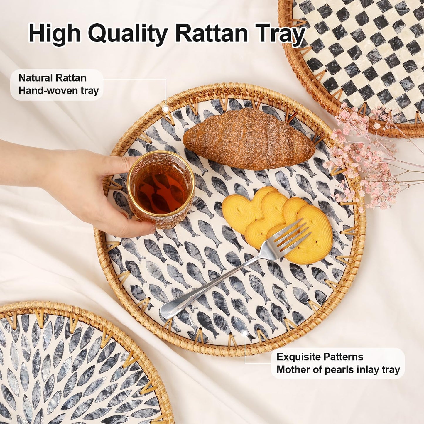 Round Rattan Tray with Mother of Pearl Inlay, Rattan Serving Tray for Coffee, Bread, Fruits, Decorative Wicker Tray for Table Decor, Home Decor, Kitchen Island Decor(Black Checkerboard, 11.8")