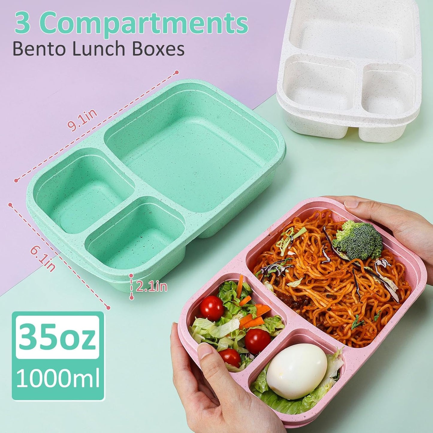 Caperci Bento Lunch Box Containers for Adults & Kids - 3-Compartment Reusable Meal Prep Containers with 2 Sauce Containers for School, Work, Travel, Wheat Straw, 4-Pack (Vintage Colors)