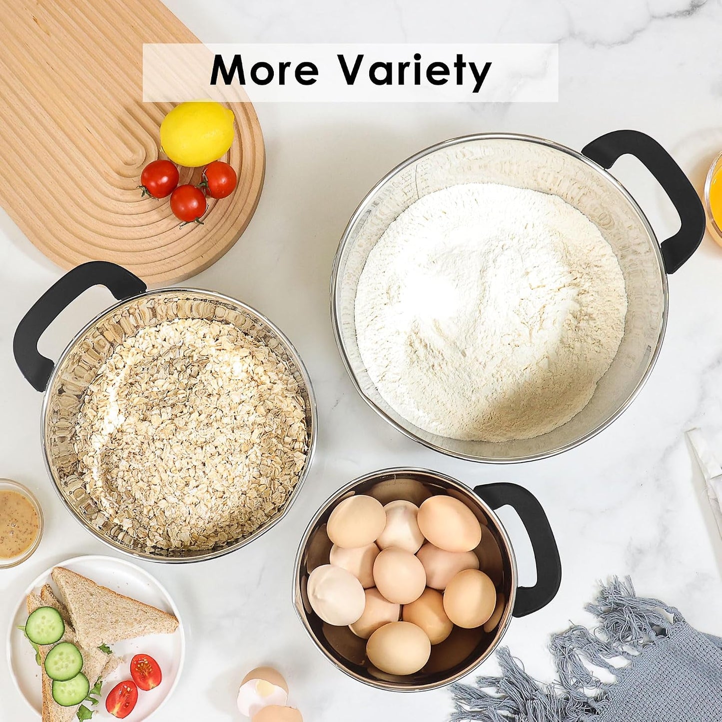 Rorence Stainless Steel Mixing Bowls: Stackable Mixing Bowl Set with Lids and Handles Non-slip Silicone Bottom Nesting Bowls for Kitchen Set of 3 - Black