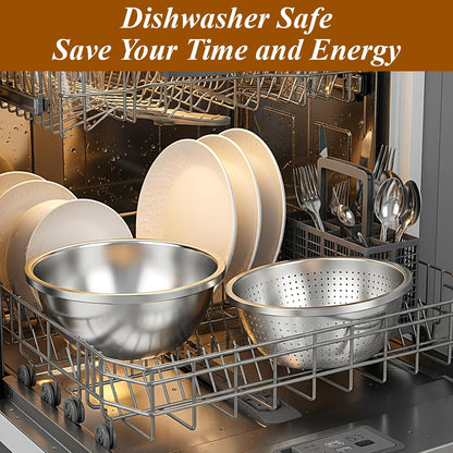 304 Stainless Steel Colander and Strainer, 5QT Large Capacity with Mixing Bowl, Micropore for Washing Rice, Vegetables, Fruit, Grain, Bean, and Draining Cooked Pasta, Dishwasher Safe