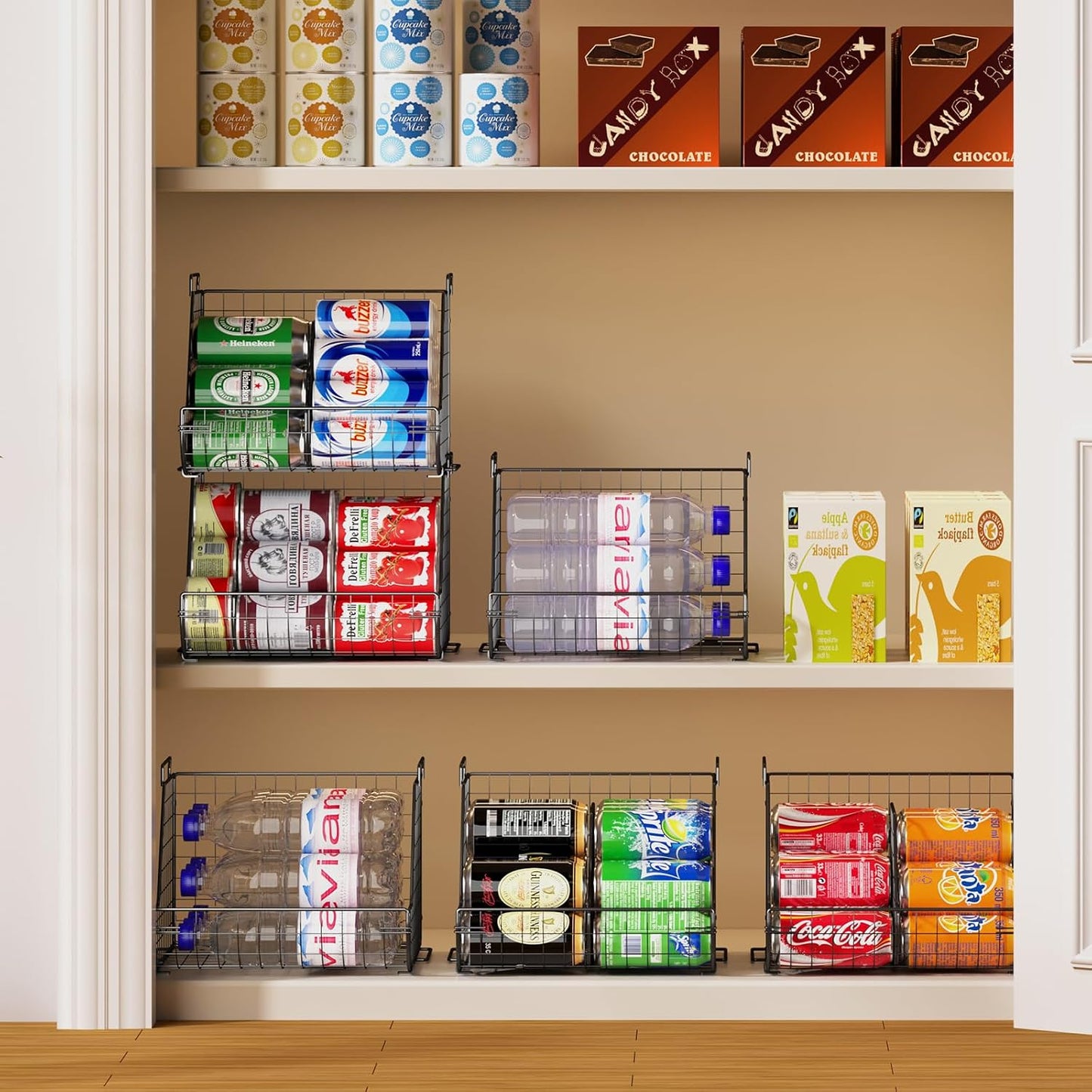 Stacking Can Dispensers 3 Tier with 3 Divider, Large Pantry Can Organizer, Beverage Drink Pop Soda Can Storage Basket, Can Holders for Pantry, Canned Food Rack Wire Bins for Kitchen Cabinet (3-Pack)