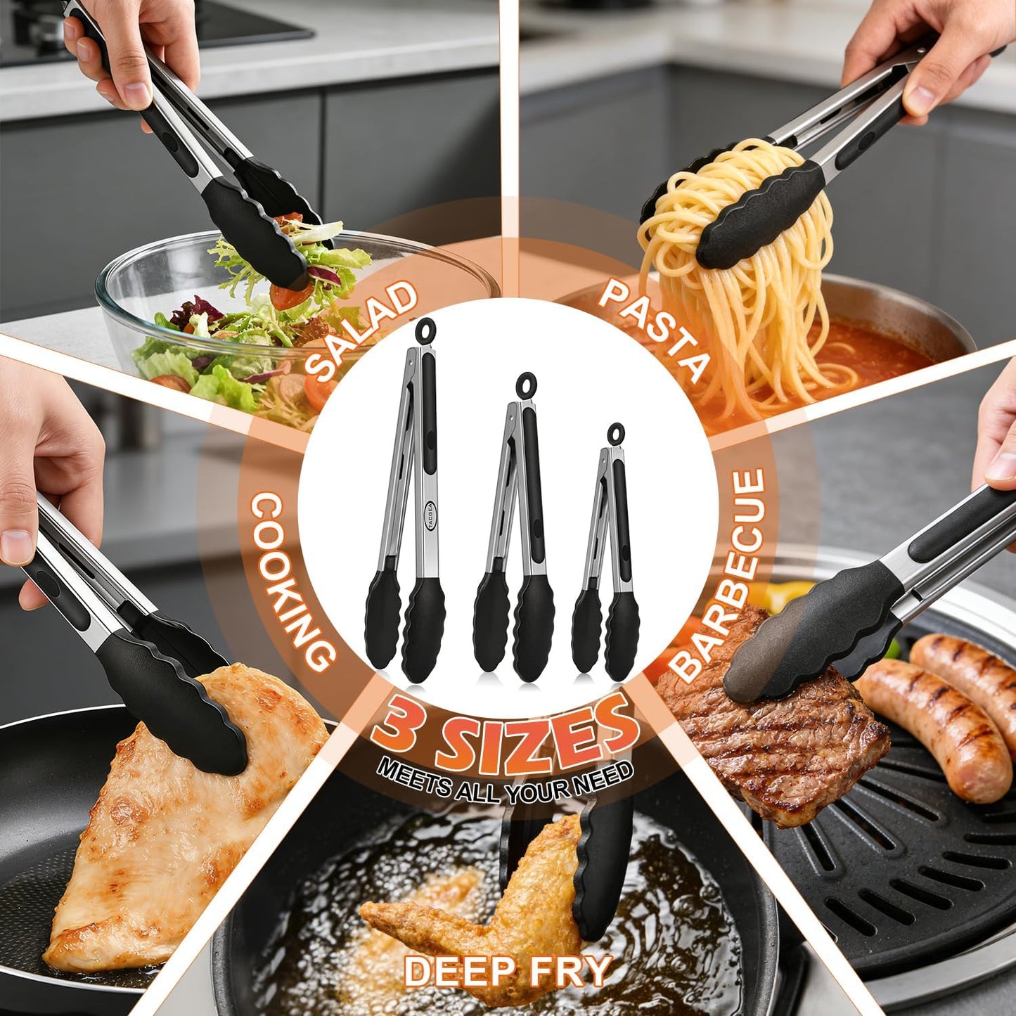 TACGEA Stainless Steel Kitchen Tongs with Silicone Tips, Locking Grilling Food Tongs, 7" 9" and 12", Set of 3 Black