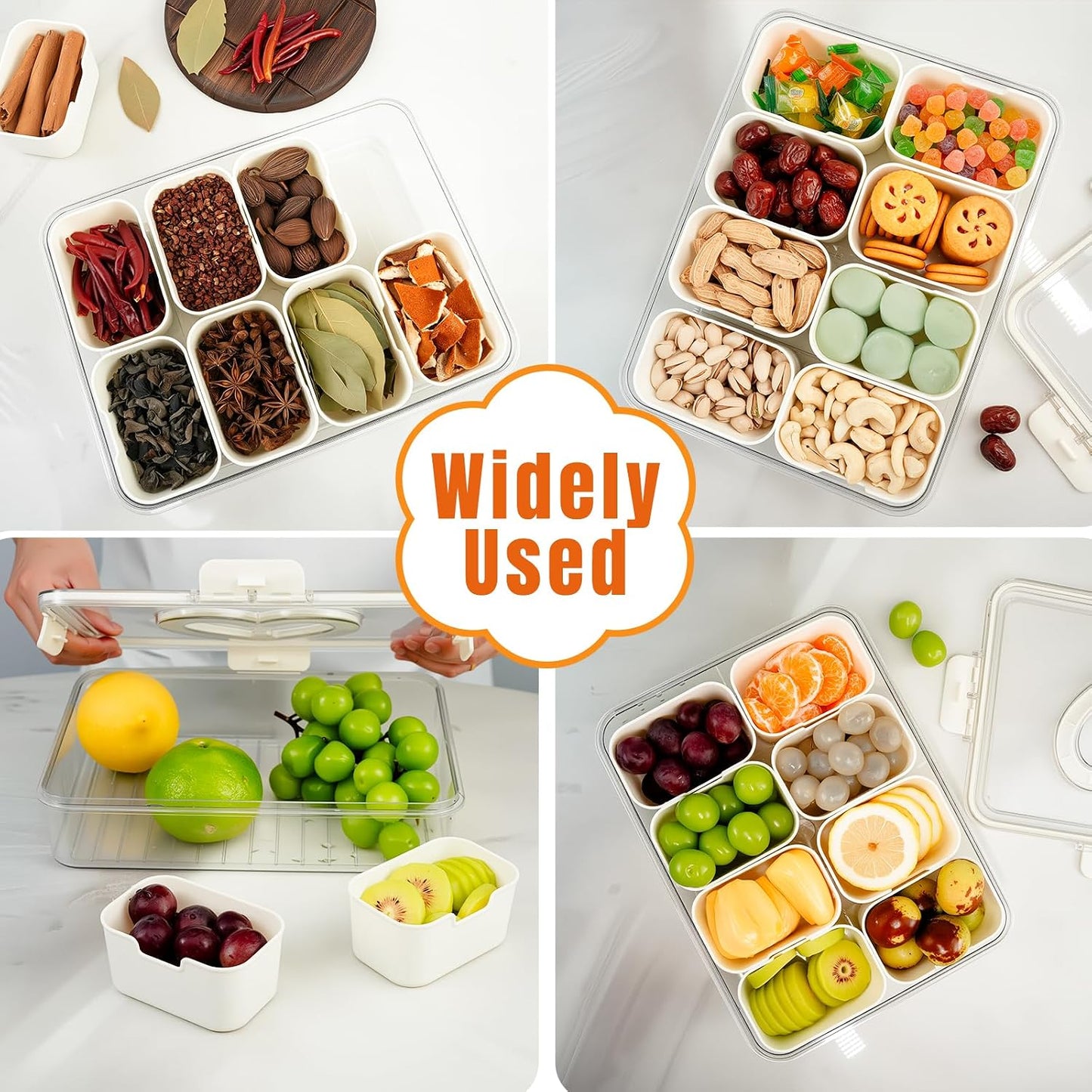 Portable Divided Snackle Box Serving Tray with Lid & Handle | Travel-friendly storage organizer. Multiple compartments for fruits, snacks, and sauces. Secure lid keeps food fresh.