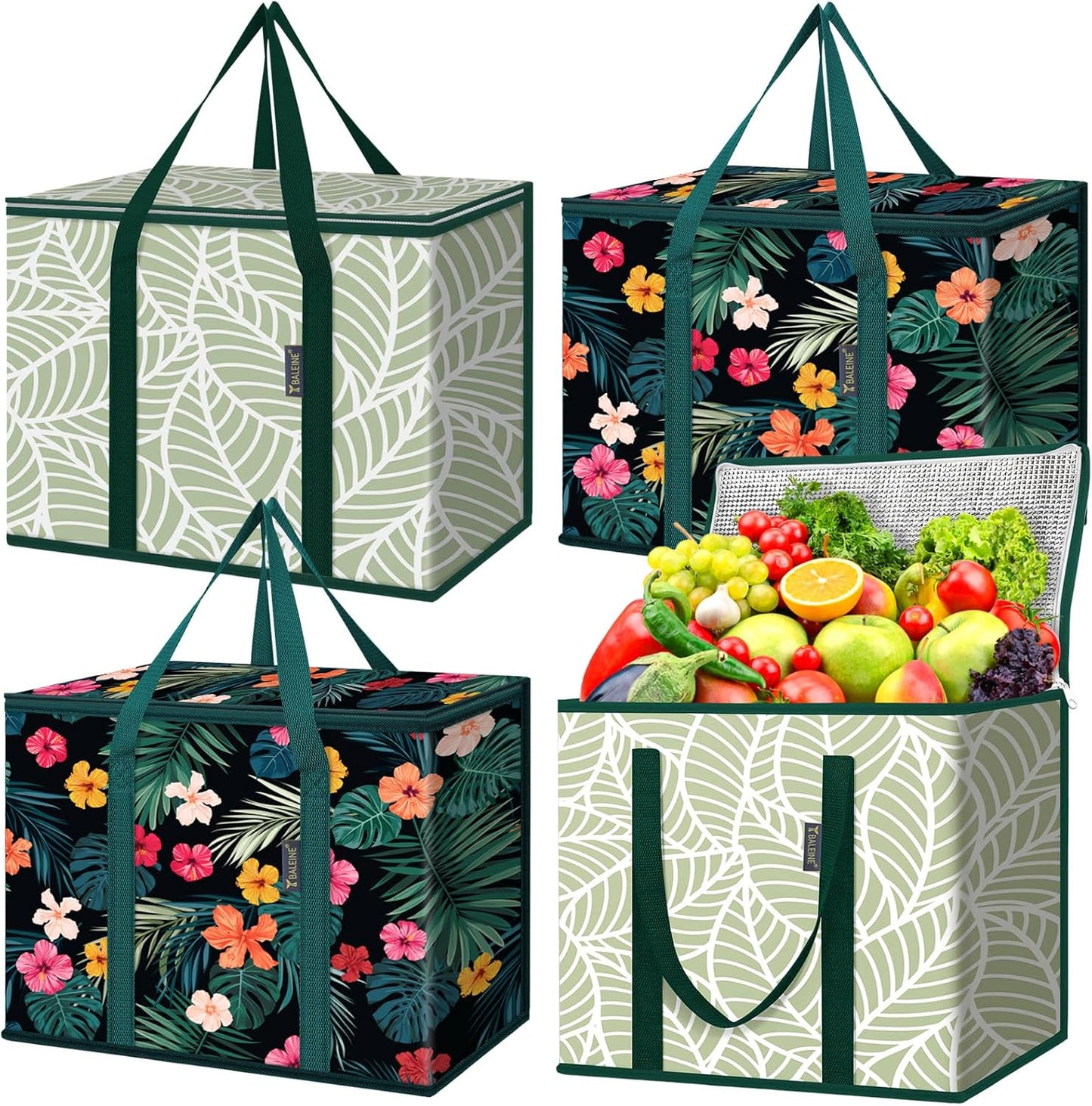 BALEINE 2Pk Insulated Reusable Grocery Bags, Collapsible Cooler Bag for Groceries, Heavy Duty Large Insulated Bag (16''x9''x13'', Antique Foliage)