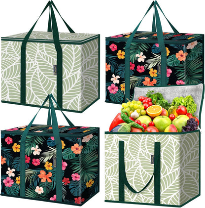 BALEINE 2Pk Insulated Reusable Grocery Bags, Collapsible Cooler Bag for Groceries, Heavy Duty Large Insulated Bag (16''x9''x13'', Antique Foliage)