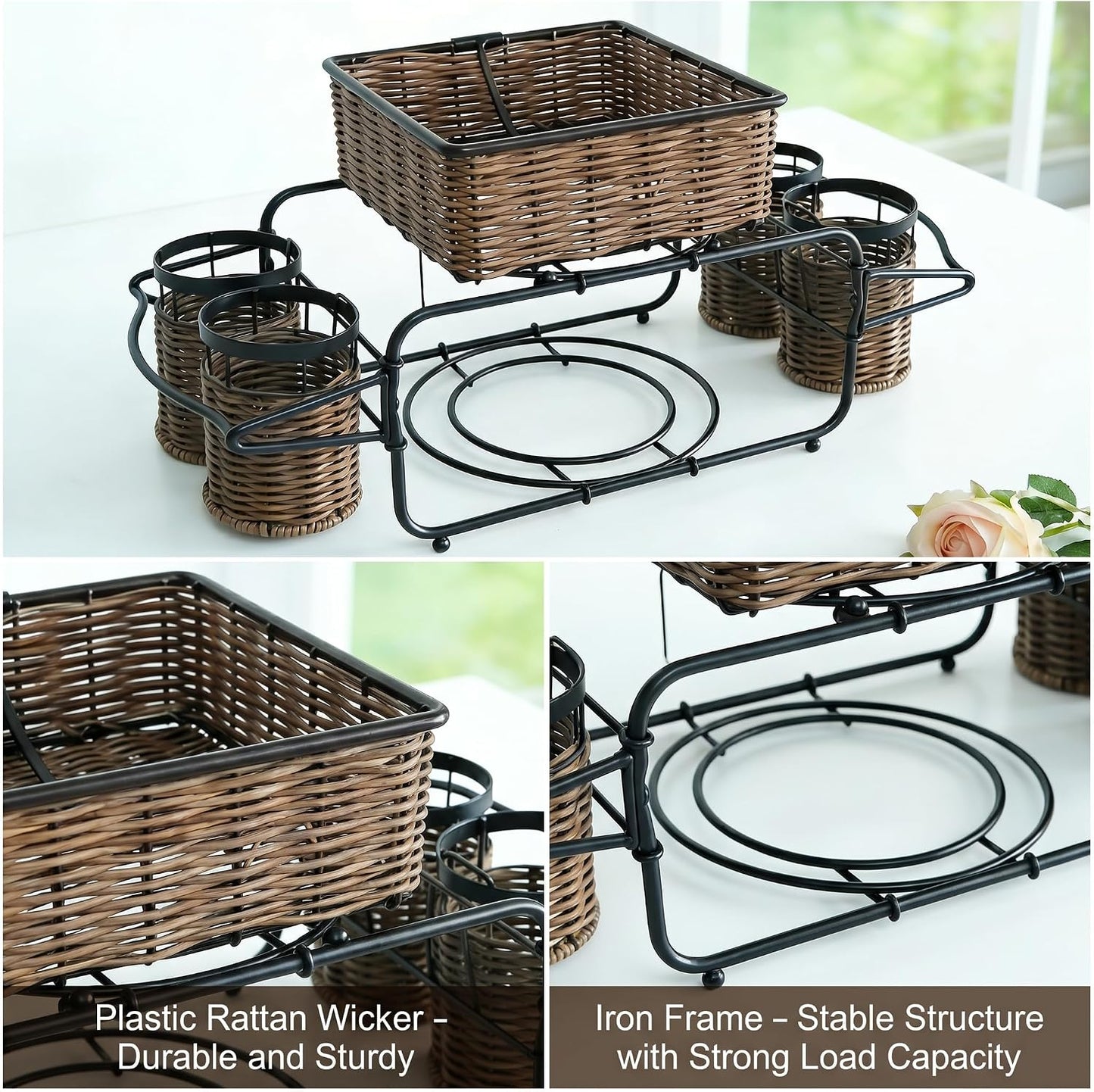 Woven Utensil Caddy with Napkin Holder, Countertop Organizer for Cutlery, Condiments, Picnic & Party SuppliesUtensils, Napkins - Ideal for Kitchen, Dining, Entertaining, Parties, Picnics