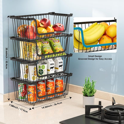 GAOKASE 4 Pcs Stackable Wire Baskets for Pantry Organizers and Storage,Vegetable Fruit Basket for Countertop,Kitchen Storage Metal Baskets,Produce Potato Onion Storage Bin-Black
