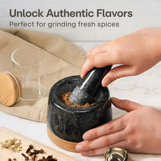 Praknu Mortar and Pestle Set Small - Heavy-Duty 1 Cup Stone Grinder for Spices & Herbs - Durable Granite Molcajete - Guacamole Bowl with Non-Slip Wooden Base - Effortless Grinding & Easy to Clean