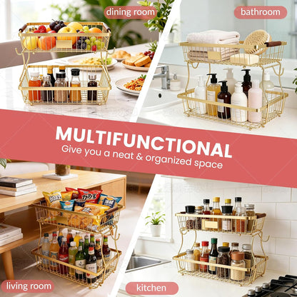 2-Tier Stackable Wire Basket with 2 Banana Hooks, Pantry Organizer for Kitchen Countertops, Cabinets & Under-Sink Spaces; Ideal for Storing Snacks, Fruits, Veggies, Onions, Potatoes, & More,Black