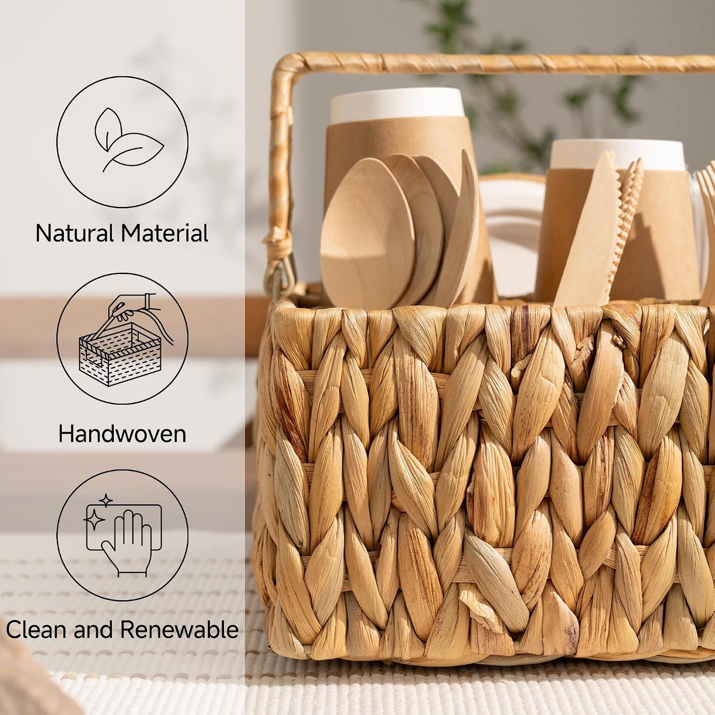 StorageWorks Wicker Silverware Organizer with Handle, Seagrass Kitchen Utensil Holder, Large Utensil Holder for Kitchen Counter, Spoon Forks Knife Cutlery Caddy, Paper Plate Dispenser for Countertop
