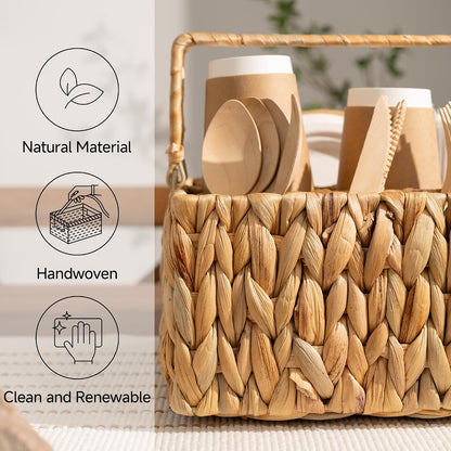 StorageWorks Wicker Silverware Organizer with Handle, Seagrass Kitchen Utensil Holder, Large Utensil Holder for Kitchen Counter, Spoon Forks Knife Cutlery Caddy, Paper Plate Dispenser for Countertop