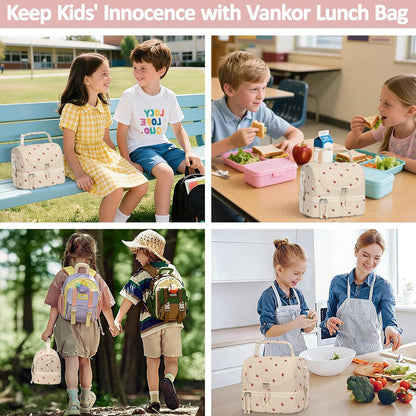 Vankor Corduroy Lunch Box Kids Insulated Lunch Bag Double Decker, Cute Leak-Proof Lunch Box for Boys Girls, Portable Cooler Lunch Bag Thermal Lunch Tote for School Picnic Travel, Light Blue