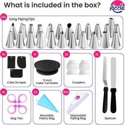Riccle 88 pc Cake Decorating Kit & Cake Turntable -Piping Bags and Tips Set