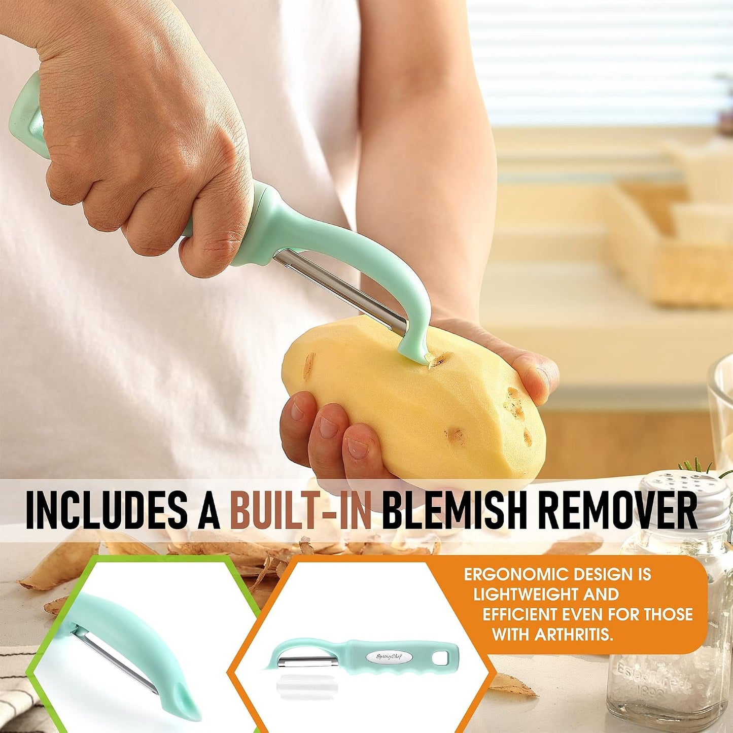 Spring Chef Premium Swivel Vegetable Peeler, Soft Grip Handle and Ultra Sharp Stainless Steel Blades - Perfect Kitchen Peeler For Veggie, Fruit, Potato, Carrot, Apple - Mango