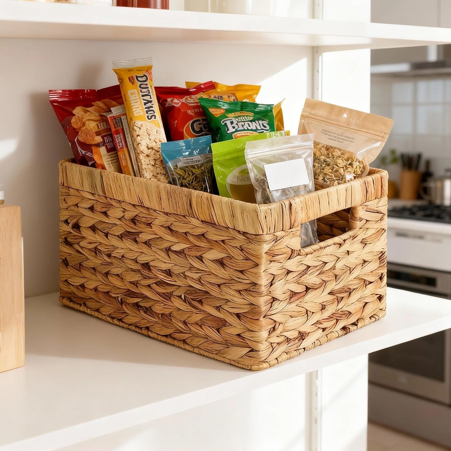 Water Hyacinth Storage Baskets for Shelves Set of 4 — Wicker Baskets for Storage and Organizing, Woven Shelf Baskets with Handles for Pantry, Kitchen, Bathroom and Bedroom, 13" x 8.25" x 7"