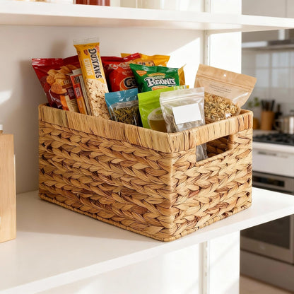 Water Hyacinth Storage Baskets for Shelves Set of 4 — Wicker Baskets for Storage and Organizing, Woven Shelf Baskets with Handles for Pantry, Kitchen, Bathroom and Bedroom, 13" x 8.25" x 7"