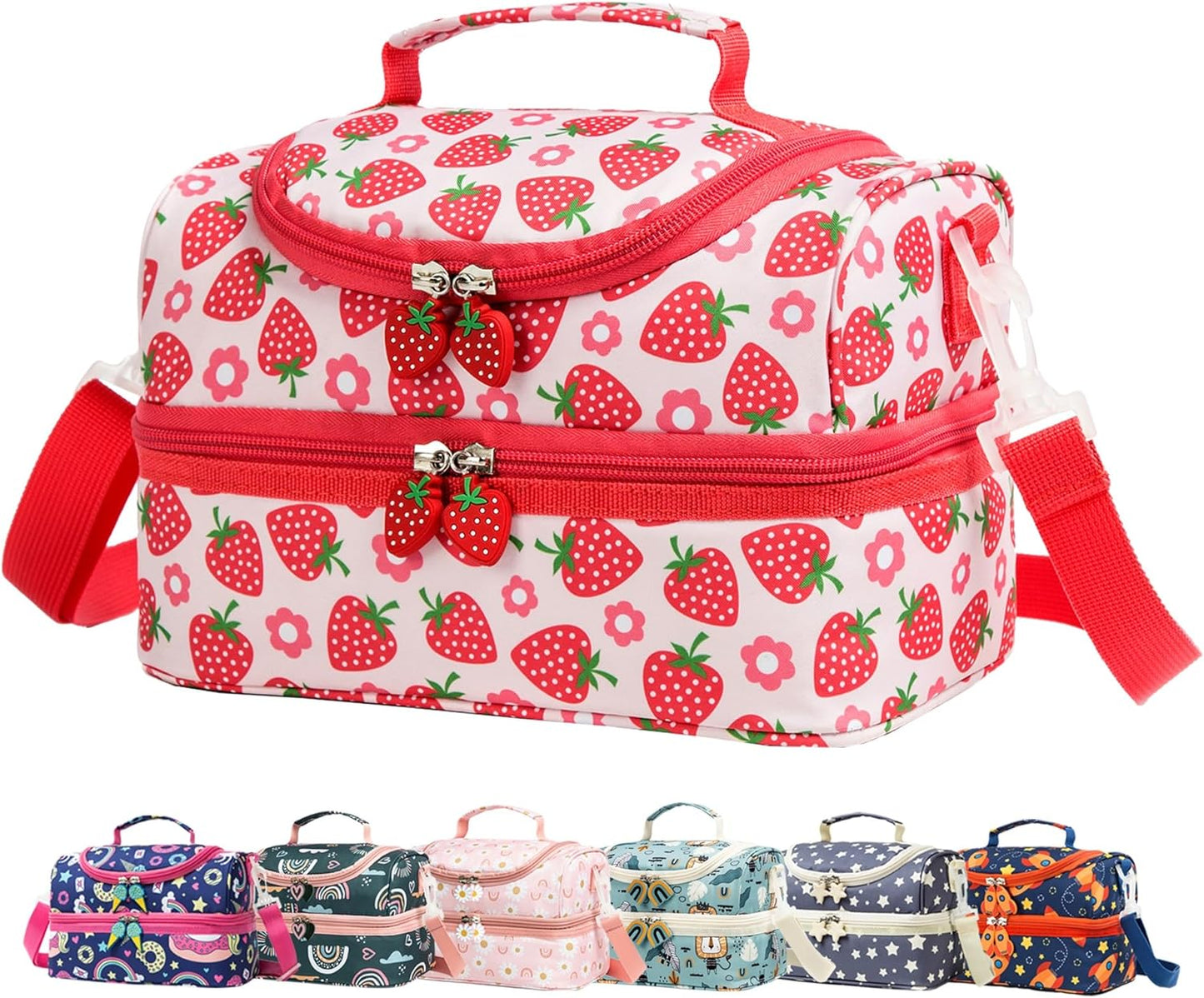 Insulated Kids Dual Compartment Lunch Bags Tote Pack for Girls Boys Toddler Kindergarten School Picnic Cooler Thermal Lunch Boxes with Strap (Green Rainbow)