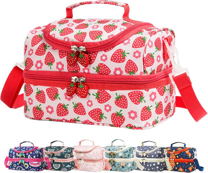 Insulated Kids Dual Compartment Lunch Bags Tote Pack for Girls Boys Toddler Kindergarten School Picnic Cooler Thermal Lunch Boxes with Strap (Green Rainbow)